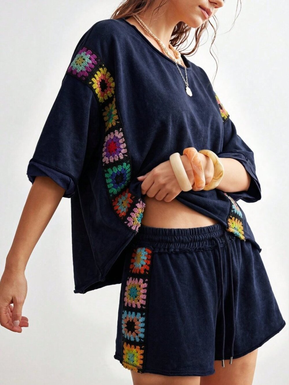 Navy Blue Casual Women's Knit Round Neck Loose Short Sleeve T-Shirt & Shorts